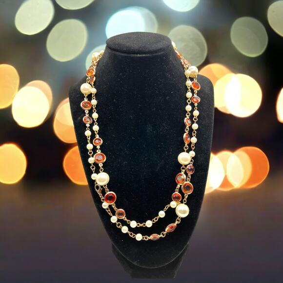 Long Orange Crystals, Faux Pearls Gold-Tone 41.5" Necklace! - Picture 1 of 6